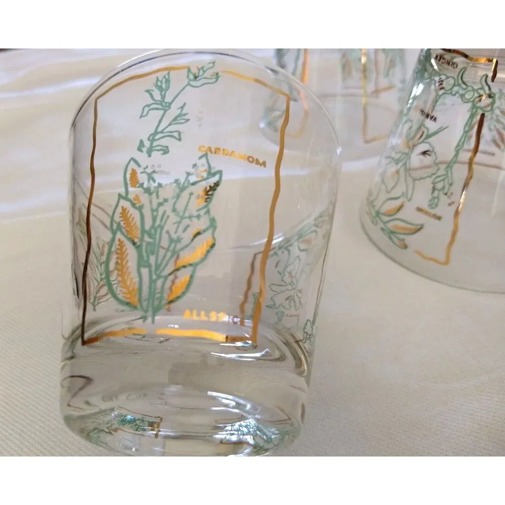 MCM Rocks Lowball Glasses‎ Spices Green & Gold Vintage Barware Set of 3